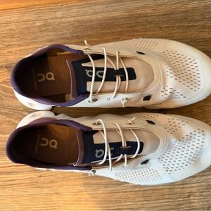 On Running Beige and Purple Athletic Shoes